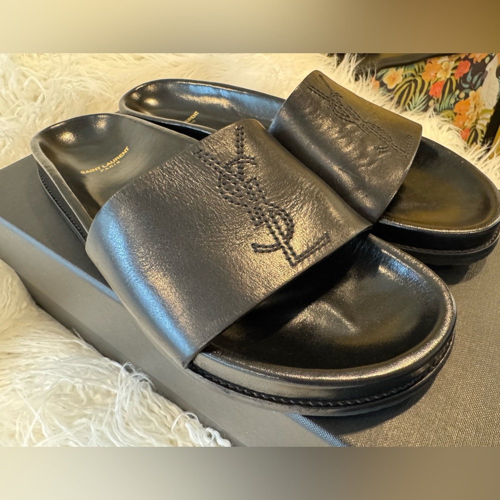Yves Saint Laurent YSL Black Nero Leather Slides Mens Size 41